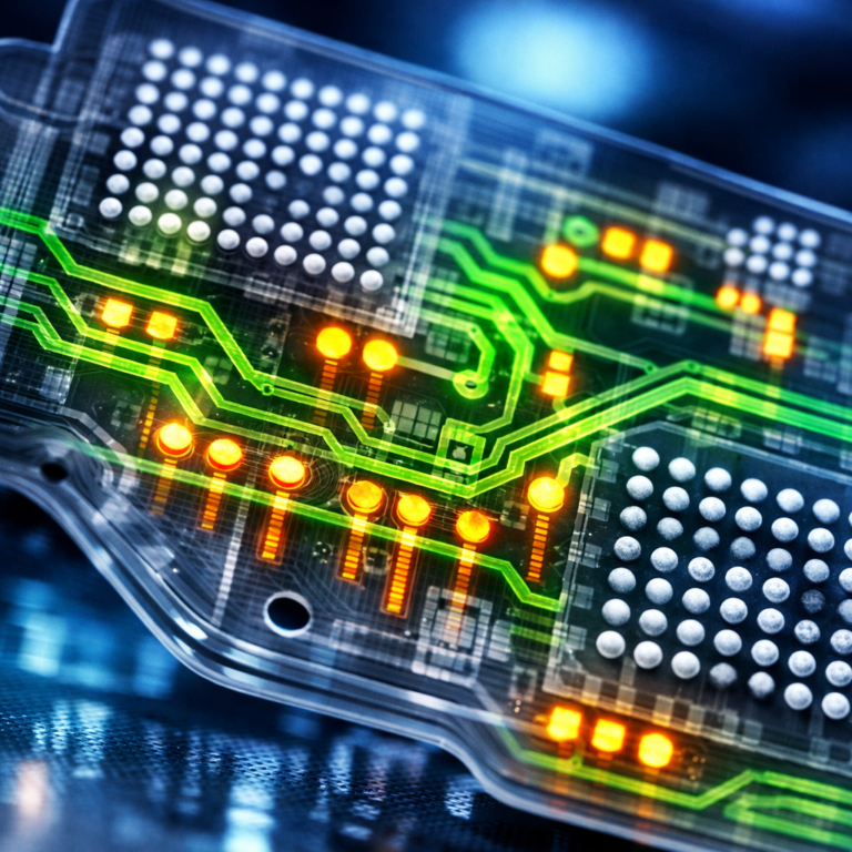 Close-up view of a multilayer flexible PCB being examined under X-ray inspection equipment, showing internal solder joints and hidden connections with bright green and orange contrast highlighting circuit traces, BGA components visible through transparent layers, technical precision and quality assurance concept
